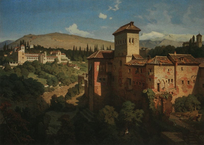 Das Generalife bei Granada. by Eduard Gerhardt. 1862. Motifs recorded: burg, himmel, bäume, wolken, turm, fenster, berge, grün.