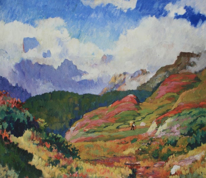 Berglandschaft im Herbst. by Giovanni Giacometti. 1931. Motifs recorded: berge, mann, blau, landschaft, himmel, rot, wald, grün.