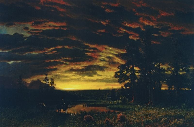 Abend in der Prärie. by Albert Bierstadt. 1869–1871. Motifs recorded: reiter, sonnenuntergang, pferd, wolken, see, bäume, landschaft, wald.