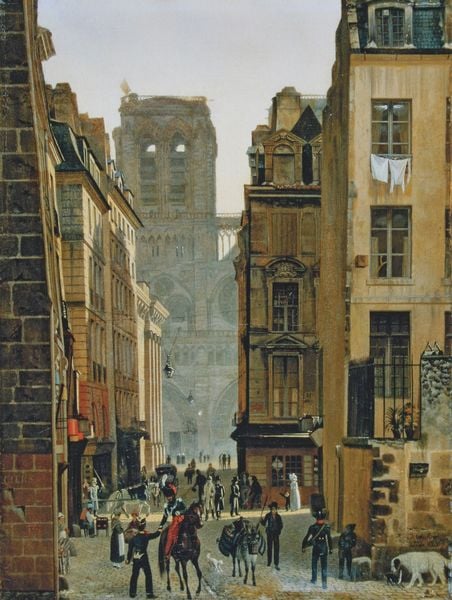 Blick durch die Rue Neuve auf Notre-Dame. by Eduard Gärtner. 1826. Motifs recorded: hund, stadt, pferd, people, church, horse, fenster, street.