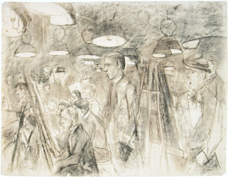 Académie Colarossi. by Ida Gerhardi. 1893. Motifs recorded: lampen, zeichnung, männer, staffelei, atelier, licht, maler, künstler.