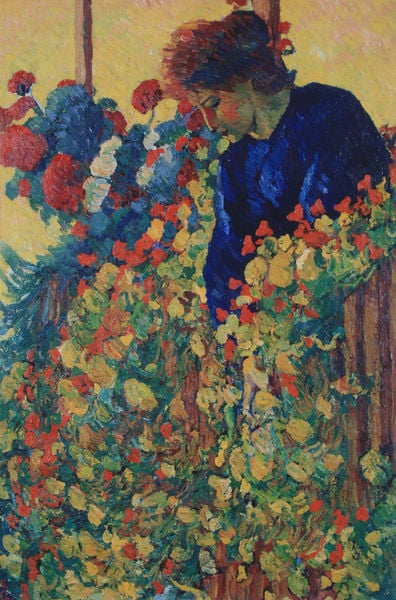 Auf der Laube. by Giovanni Giacometti. 1910. Motifs recorded: flowers, garden, woman, profile view, garden color, blue dress, nature, impressionism.
