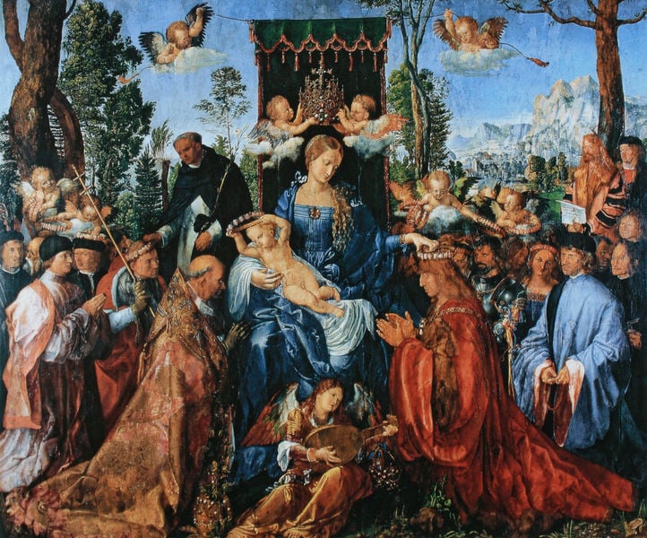 Das Rosenkranzfest. by Albrecht Dürer. 1506. Motifs recorded: engel, maria, jesus, blau, berge, kind, krone, rot.