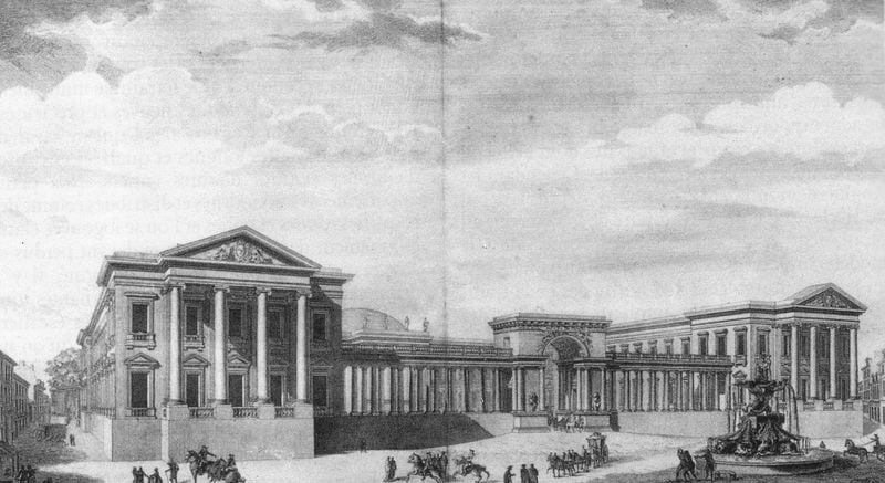 Ansicht aus Peyre, Oeuvres d'architectures (1765). by Marie Joseph Peyre. 1763–1764. Motifs recorded: säulen, brunnen, kutsche, platz, gebäude, kuppel, palast, pferde.