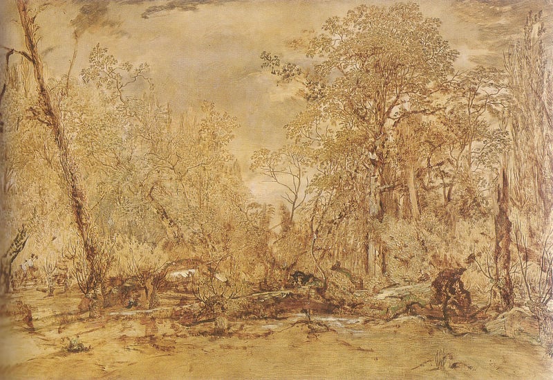 Abbatage d'arbres dans l'île de Croissy ou Le Massacre des Innocents. by Théodore Rousseau. 1847. Motifs recorded: zeichnung, bäume, braun, blätter, wald, natur, landschaft, baum.