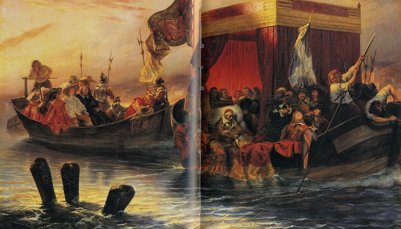 Cardinal Richelieu. by Paul Delaroche. 1829. Motifs recorded: wasser, fahne, meer, boot, rot, schiff, boote, männer.