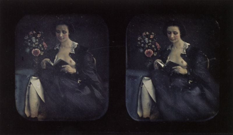 Akt-Stereodaguerreotypien. 1854–1856. Motifs recorded: flowers, woman, book, reading, dress, breast, black, frau.