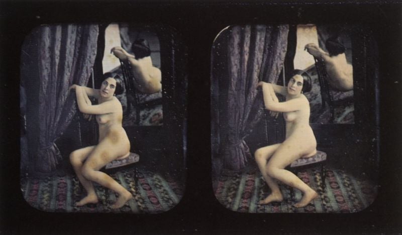 Akt-Stereodaguerreotypien. 1854–1856. Motifs recorded: nackt, frau, vorhang, teppich, spiegel, stuhl, akt, sitzen.