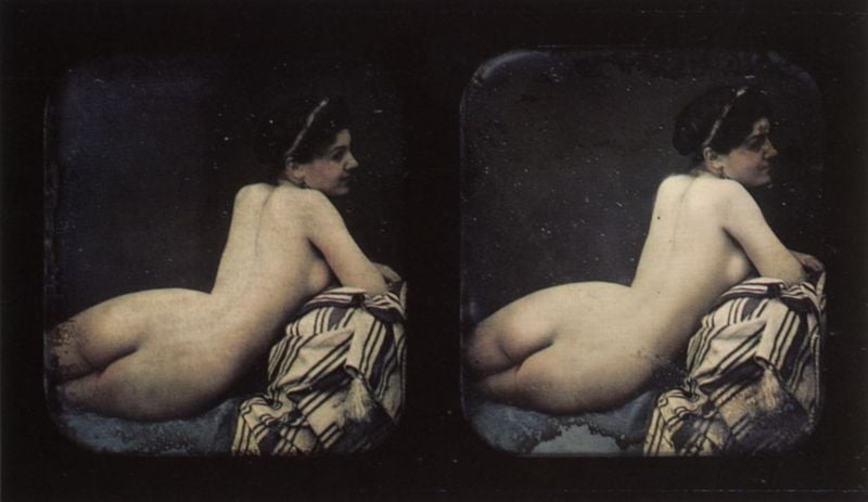 Akt-Stereodaguerreotypien. 1854–1856. Motifs recorded: rücken, frau, foto, nackt, streifen, decke, liegen, profil.