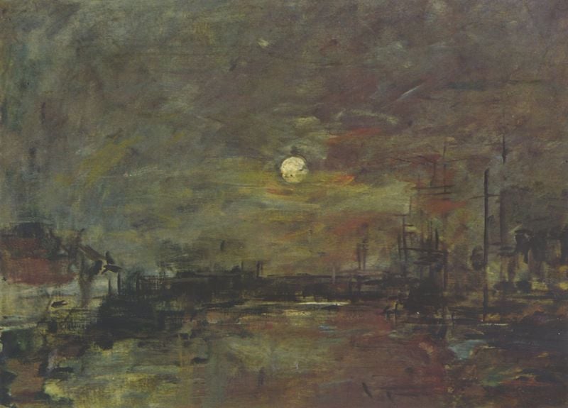 Abenddämmerung über dem Hafen von Le Havre. by Eugène Boudin. 1872–1878. Motifs recorded: mond, nacht, wasser, dunkel, masten, gelb, braun, schiffe.