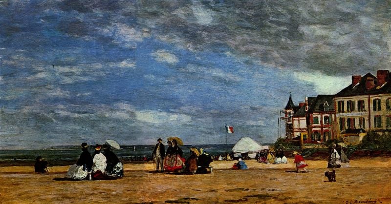 Der Strand von Trouville. by Eugène Boudin. 1864. Motifs recorded: himmel, strand, meer, wolken, hund, frankreich, haus, sand.