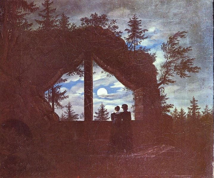 Fenster am Oybin im Mondschein. by Carl Gustav Carus. 1825–1830. Motifs recorded: mond, bäume, himmel, tannen, paar, wolken, romantik, dunkel.