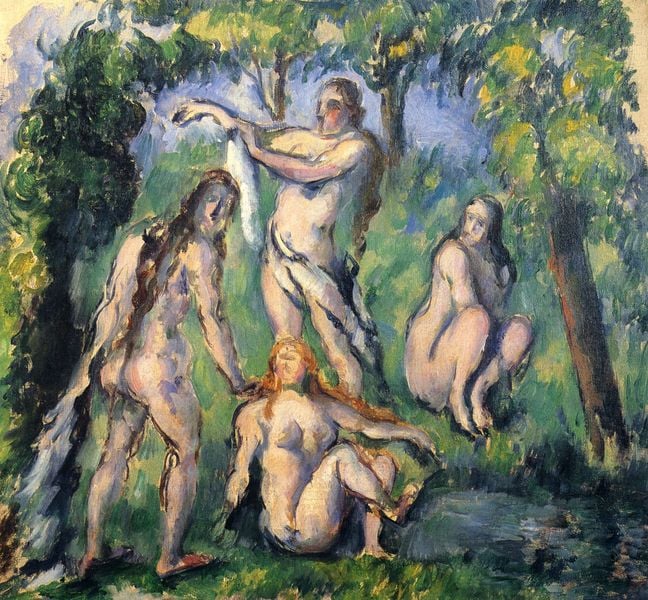 Badende. by Paul Cézanne. 1878–1882. Motifs recorded: nackt, grün, frauen, bäume, wasser, haare, see, teich.