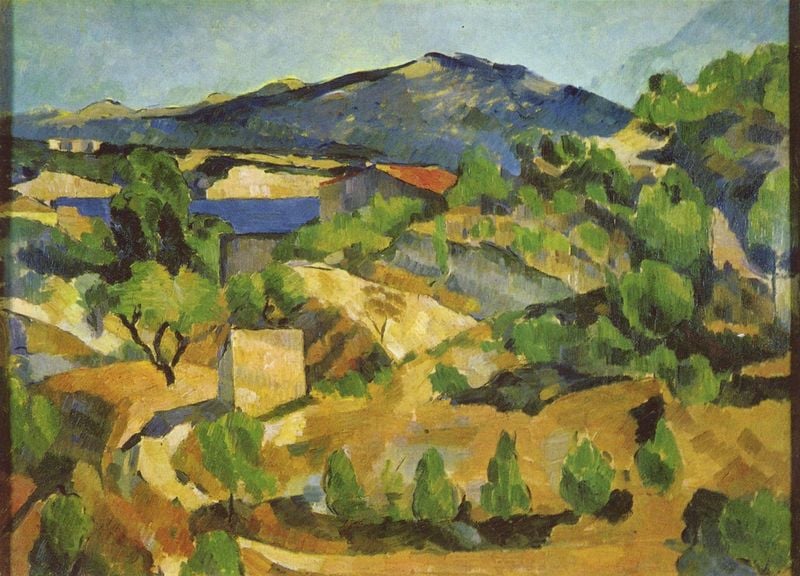 Berge in der französischen Provence. by Paul Cézanne. 1878–1880. Motifs recorded: landschaft, berg, haus, grün, blau, bäume, gelb, himmel.