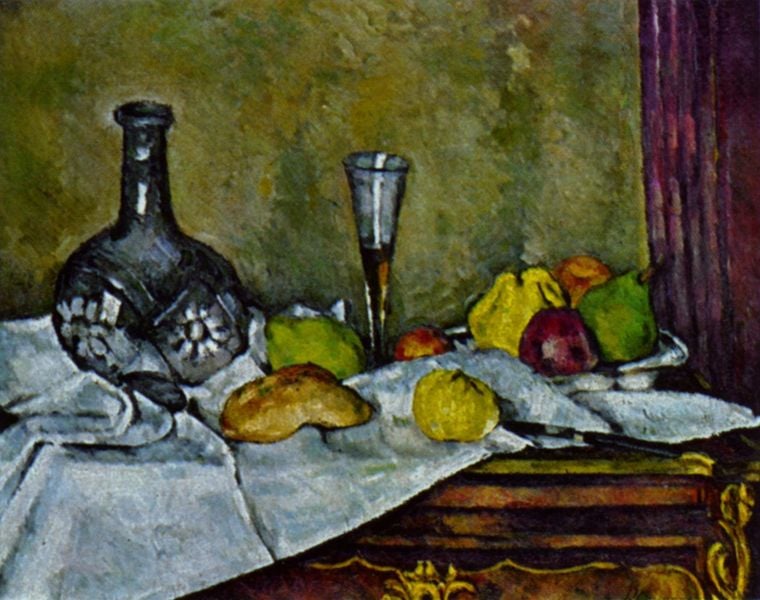 Das Dessert. by Paul Cézanne. 1873–1877. Motifs recorded: glas, vorhang, karaffe, brot, birne, vase, tisch, stilleben.