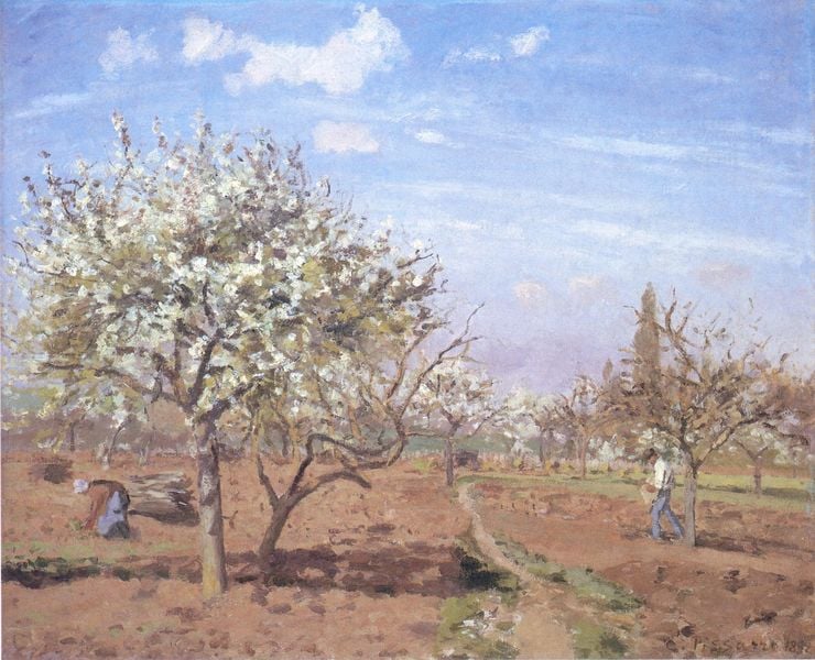 Der Obstgarten. by Camille Pissarro. 1872. Motifs recorded: himmel, weg, bäume, frühling, feld, blau, frau, braun.