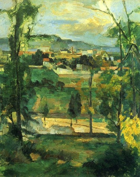 Dorf hinter den Bäumen, Ile de France. by Paul Cézanne. 1877–1881. Motifs recorded: landschaft, bäume, grün, gelb, cezanne, dorf, stadt, himmel.