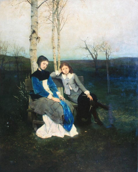 Adagio. by Gabriel von Max. 1870. Motifs recorded: blau, bank, mädchen, landschaft, birken, himmel, kragen, frauen.