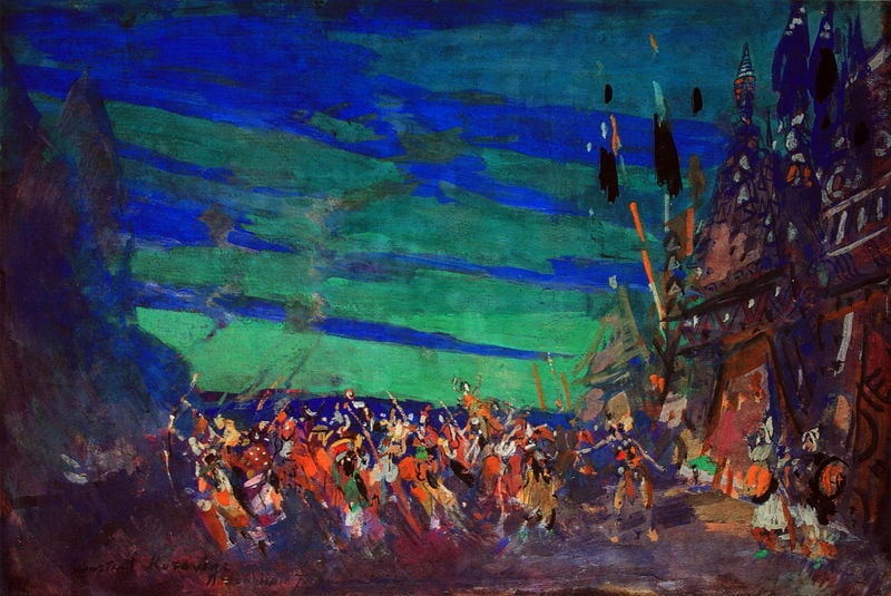 Bühnenbildentwurf für das Ballett ""Prinz Igor"". by Konstantin Korovin. 1909. Motifs recorded: blau, grün, himmel, kampf, schlacht, rot, bunt, gemälde.