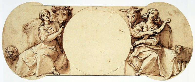 Allegorie der Stärke und Geduld. by Federico Zuccari. 1590–1598. Motifs recorded: lion, circle, schaf, cow, sheep, kreis, löwe, donkey.