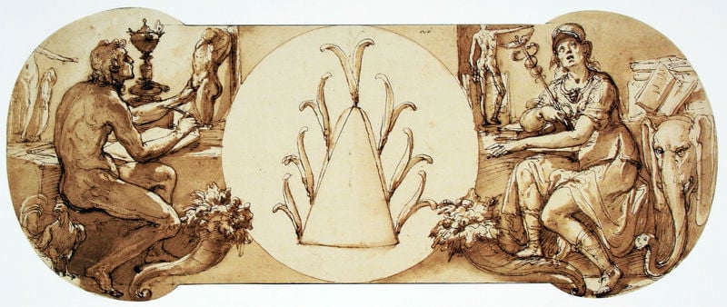 Allegorie von Fleiss und Verstand, mit dem Zuccaro Emblem in der Mitte. by Federico Zuccari. 1590–1598. Motifs recorded: elefant, frau, mann, nackt, füllhorn, buch, zeichnung, kreis.
