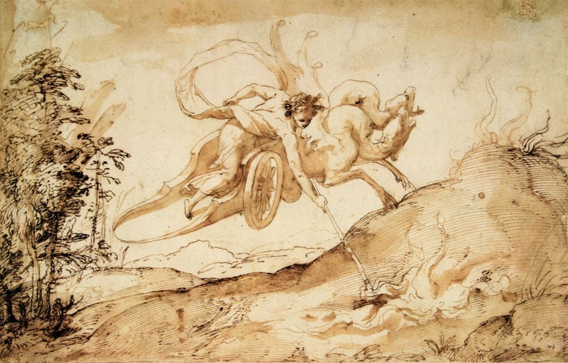 Triptolemus entzündet Gebüsch und Dickicht. by Taddeo Zuccari. 1561–1566. Motifs recorded: wagen, zeichnung, baum, rad, feuer, tusche, pferd, pferde.