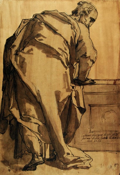 Apostel in Rückenansicht. by Taddeo Zuccari. 1566. Motifs recorded: mann, zeichnung, rücken, tusche, schrift, gewand, schatten, stehend.