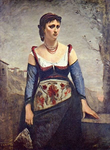 Agostina, die Italienerin. by Jean Baptiste Camille Corot. 1866. Motifs recorded: frau, baum, kleid, kette, schürze, rot, häuser, blau.