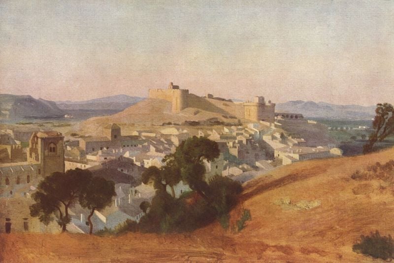 Ansicht von Avignon von Villeneuve-les-Avignon gesehen. by Jean Baptiste Camille Corot. 1836. Motifs recorded: stadt, burg, festung, baum, berge, himmel, grün, bäume.