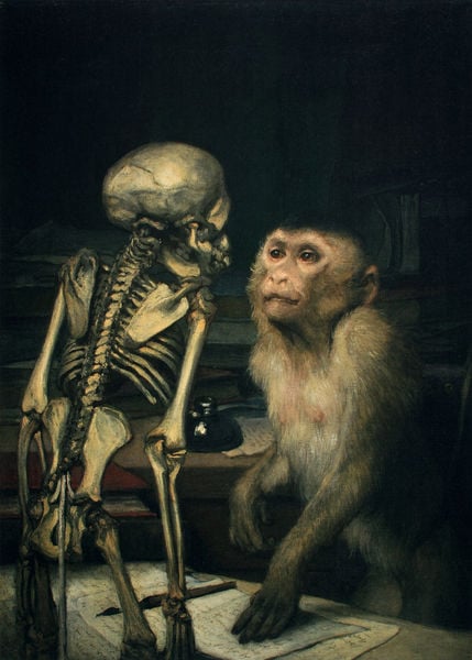 Affe vor Skelett. by Gabriel von Max. 1889–1900. Motifs recorded: affe, skelett, knochen, schädel, papier, feder, tinte, tintenfass.