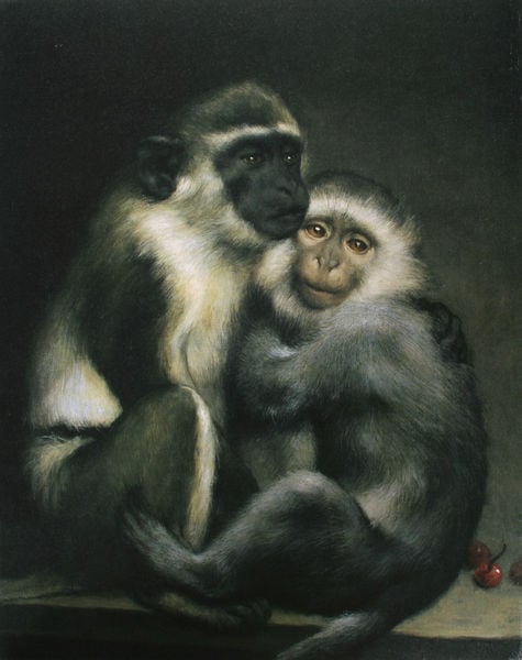 Abelard und Héloise. by Gabriel von Max. 1900–1915. Motifs recorded: affen, fell, schwarz, kirschen, augen, paar, kirsche, zwei.