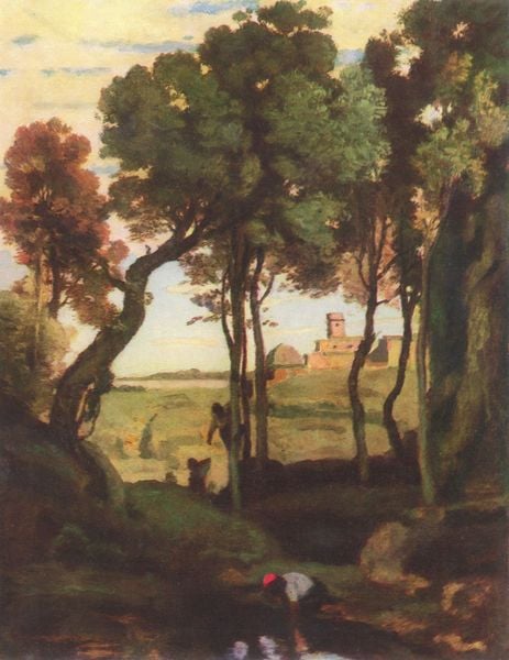 Castelgandolfo. by Jean Baptiste Camille Corot. 1825–1827. Motifs recorded: bäume, landschaft, burg, himmel, wasser, spiegelung, grün, rot.