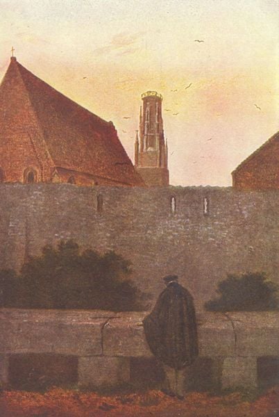 An der Stadtmauer. by Caspar David Friedrich. 1800–1825. Motifs recorded: mauer, mann, kirche, turm, vögel, dach, himmel, umhang.