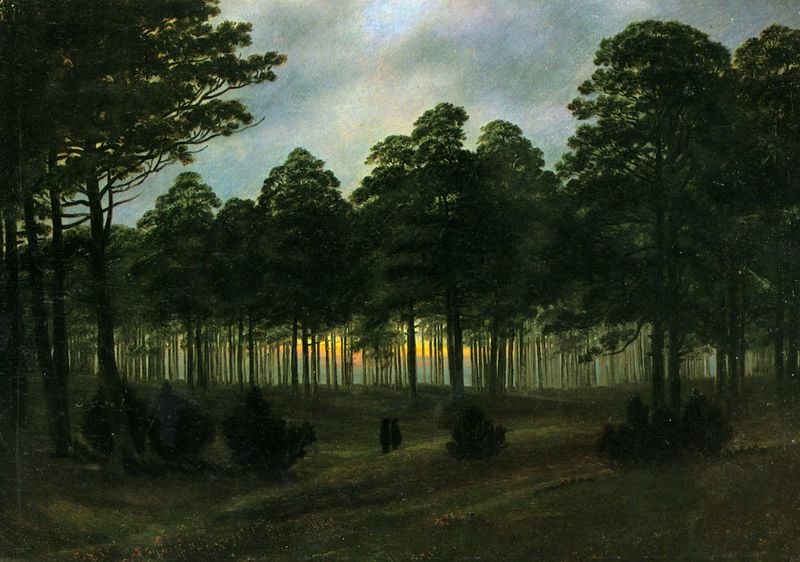 Der Abend. by Caspar David Friedrich. 1820–1821. Motifs recorded: wald, himmel, bäume, büsche, grün, wolken, sonnenuntergang, wiese.