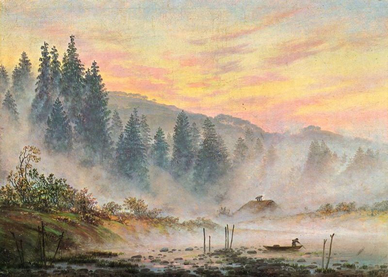 Der Morgen. by Caspar David Friedrich. 1820–1821. Motifs recorded: nebel, boot, landschaft, haus, bäume, wald, wolken, mann.