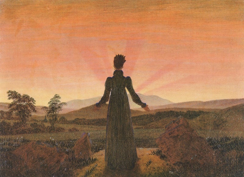 Frau vor untergehender Sonne. by Caspar David Friedrich. 1816–1820. Motifs recorded: frau, rot, kleid, landschaft, strahlen, berge, bäume, sonne.