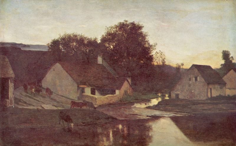 Abend. by Charles François Daubigny. 1850–1854. Motifs recorded: kühe, fluss, bäume, wasser, dorf, himmel, häuser, baum.