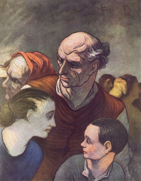 Die Familie auf der Barrikade. by Honoré Daumier. 1848. Motifs recorded: grau, rot, mädchen, alt, falten, menschen, kopftuch, glatze.