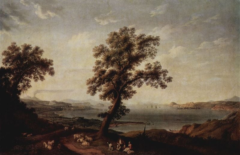 Ansicht des Golfes von Baja. by Jacob Philipp Hackert. 1785. Motifs recorded: baum, vulkan, bäume, wasser, herde, schafe, landschaft, ufer.