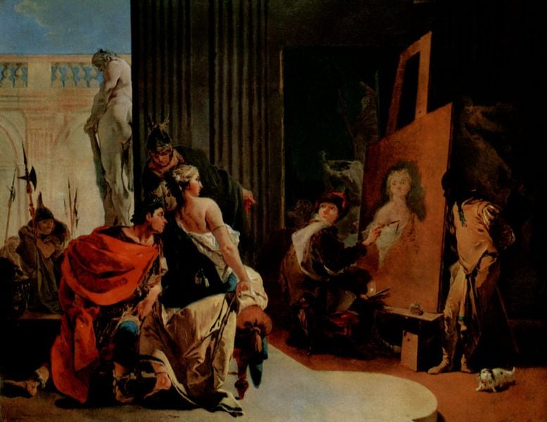 Alexander der Große und Campaspe im Atelier des Apelles. by Giovanni Battista Tiepolo. 1725–1726. Motifs recorded: maler, staffelei, frau, hund, rot, gemälde, modell, skulptur.