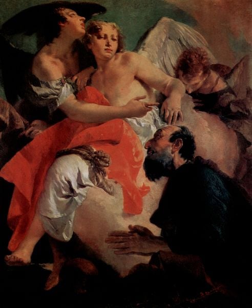 Abraham und die Engel. by Giovanni Battista Tiepolo. 1730–1734. Motifs recorded: engel, rot, mann, frau, flügel, bart, beten, tuch.
