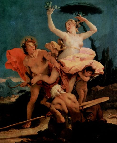 Apollo und Daphne. by Giovanni Battista Tiepolo. 1743–1744. Motifs recorded: frau, nackt, ruder, lorbeer, mann, baum, kranz, rot.