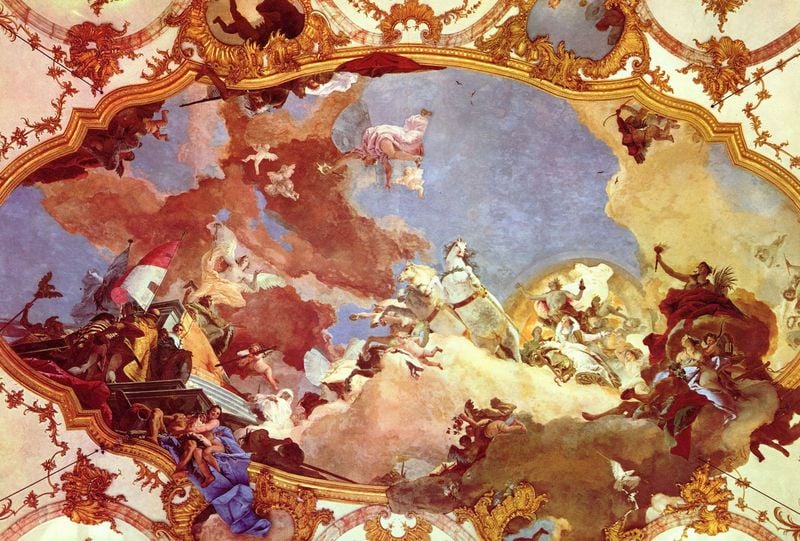 Apoll führt Friedrich Barbarossa Beatrix von Burgund zu. by Giovanni Battista Tiepolo. 1750–1753. Motifs recorded: himmel, pferde, engel, gold, decke, fresko, rot, wolken.