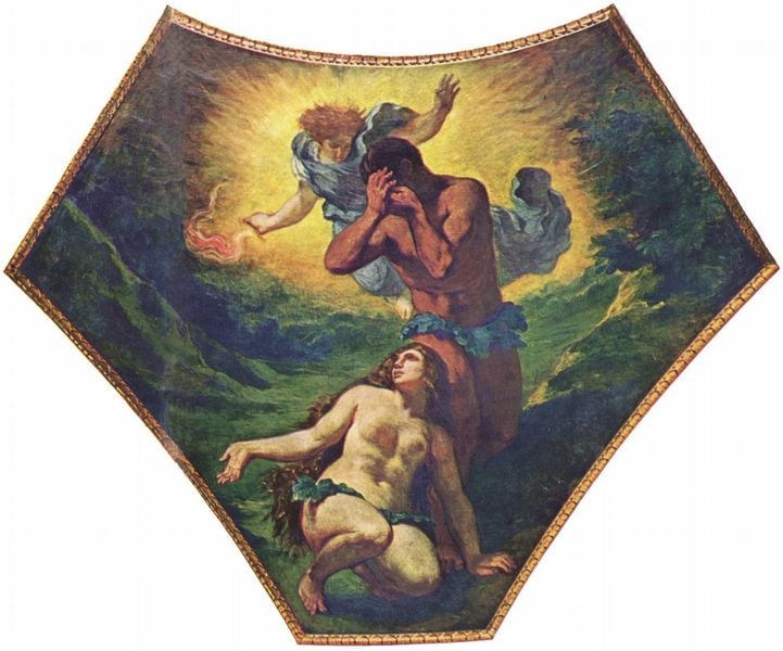Adam und Eva. by Eugène Delacroix. 1830–1848. Motifs recorded: engel, mann, licht, frau, nackt, eva, haare, adam.