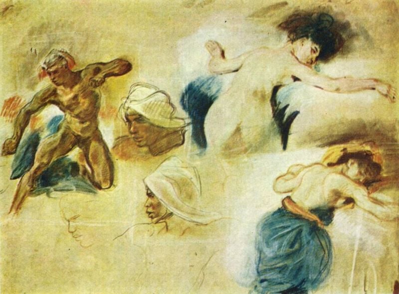 Tod des Sardanapal (Studie). by Eugène Delacroix. 1826–1827. Motifs recorded: akt, mann, blau, frau, nackt, skizze, zeichnung, haare.