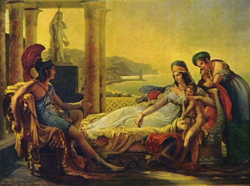 Aeneas berichtet Dido vom Untergang Trojas. by Pierre Narcisse Guérin. 1815. Motifs recorded: liege, statue, helm, kind, antike, meer, frau, mann.