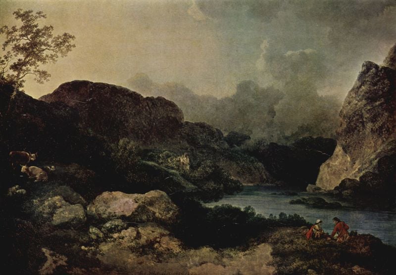 Abendliche Seelandschaft in Cumberland. by Louis François Lejeune. 1792. Motifs recorded: landschaft, fluss, baum, frau, mann, wolken, felsen, paar.