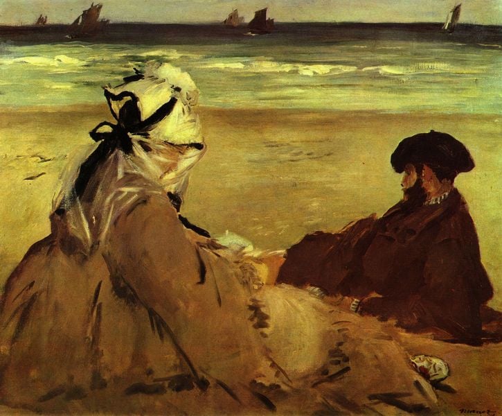 Am Strand. by Édouard Manet. 1873. Motifs recorded: strand, meer, mann, hut, frau, sand, wellen, schiffe.