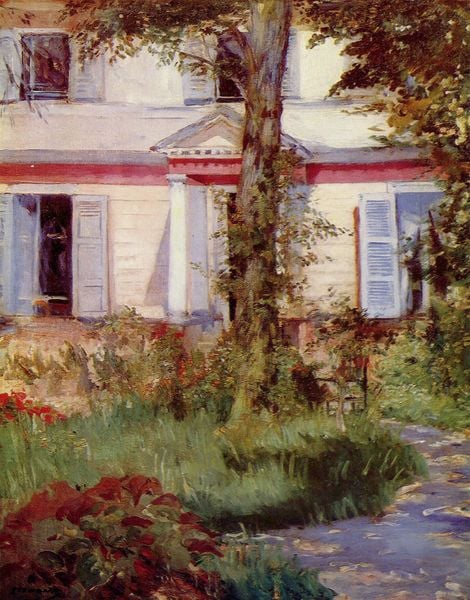 Haus in Rueil. by Édouard Manet. 1882. Motifs recorded: baum, fenster, haus, gras, weg, garten, fensterläden, blumen.
