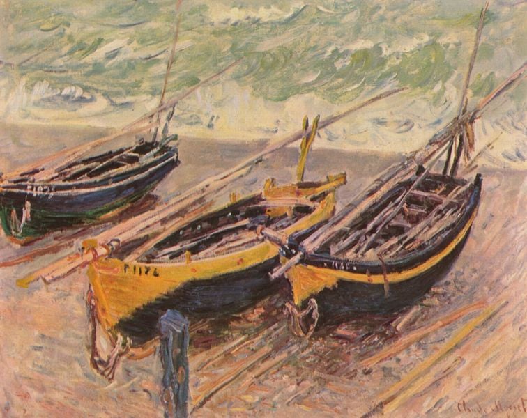 Barken von Etretat. by Claude Monet. 1883. Motifs recorded: boote, strand, meer, gelb, wasser, wellen, impressionismus, ruder.
